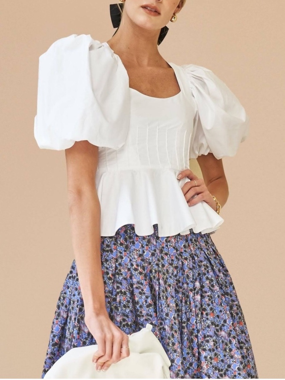 Hunter Bell white Camille puff-sleeve peplum pleated scoop neck top blouse sz 2 - Picture 2 of 7